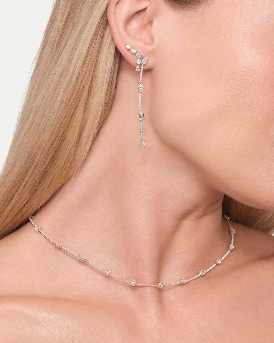 14K White Gold Fancies Curve Link Necklace with Diamonds, 16"L